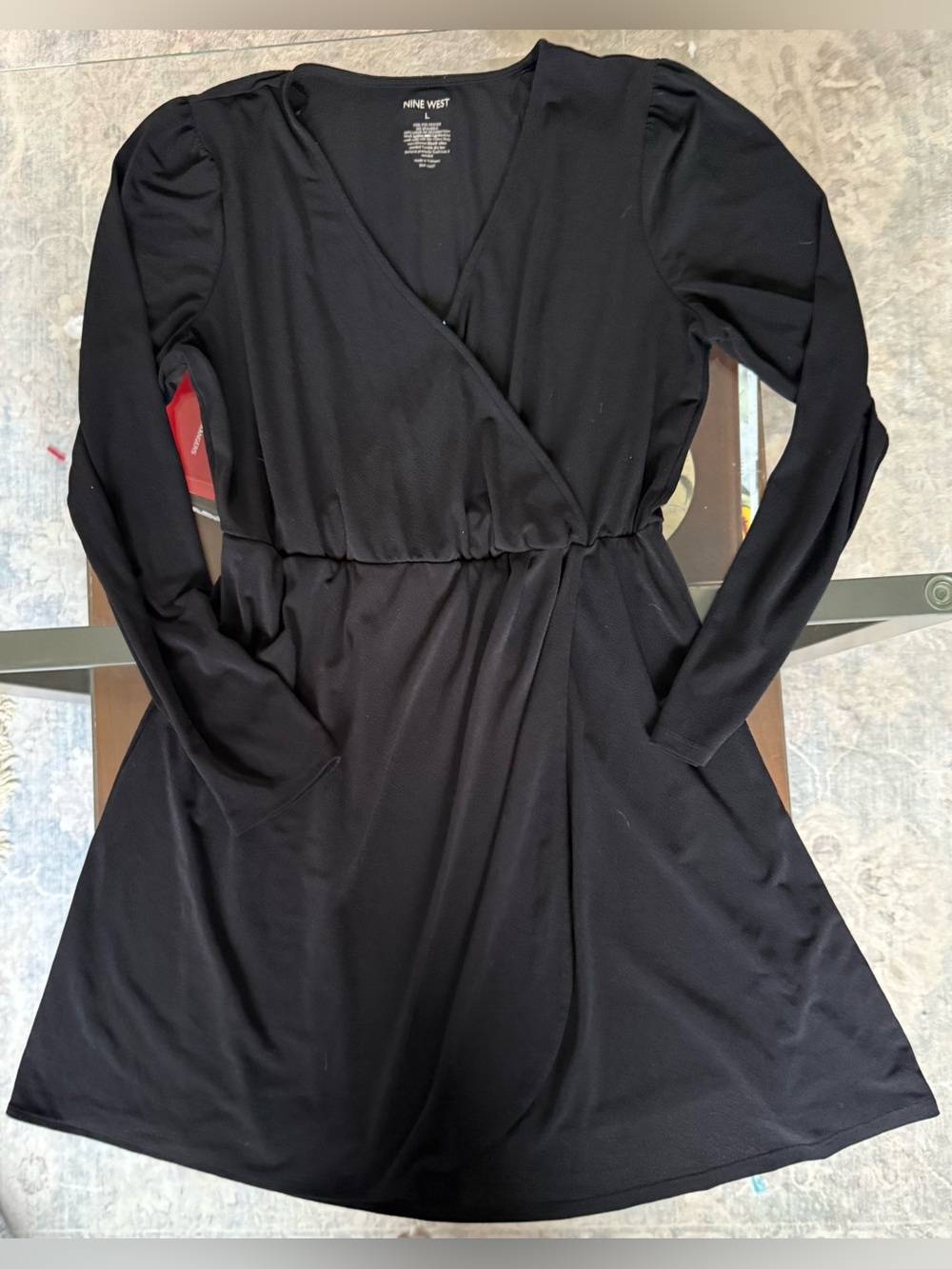 Nine West Black Long Sleeve Faux Wrap Dress Size Large